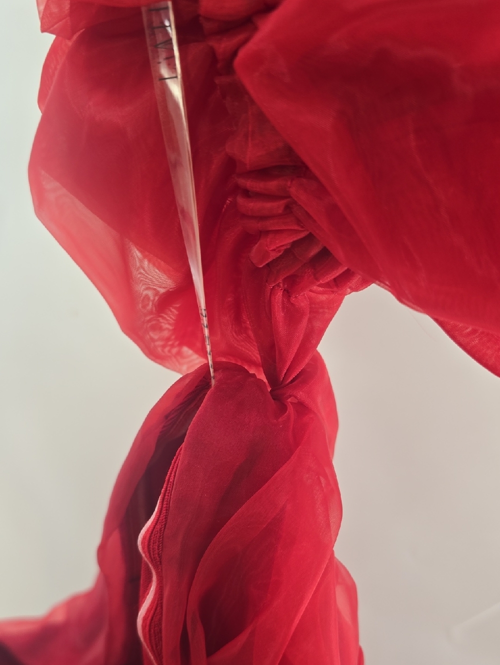 L'ATISTE Red Ruched Mini Dress with Tulle Shoulder Bows - Picture 6 of 9